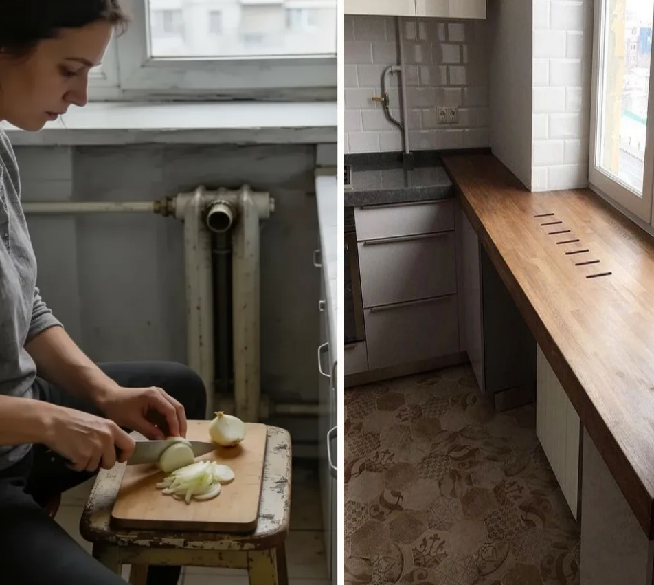 Слева — луковая табуретка и мёртвая зона. Справа — +50 см рабочей поверхности и кофемашина на законном месте. Разницу чувствуете? Рассказываю, как сделать так же за один день.