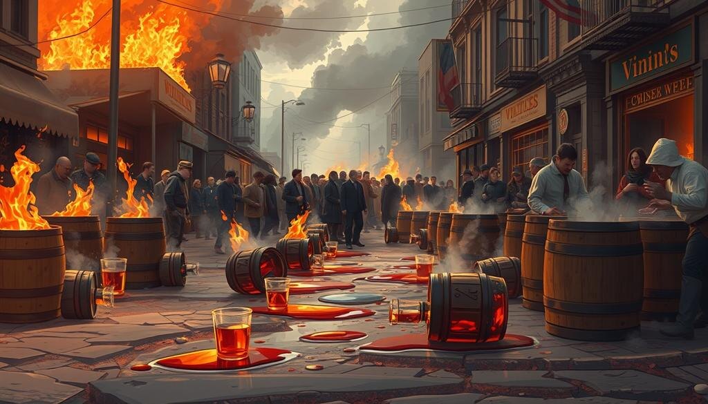    Улица, заполненная дымом и людьми, которые пьют виски из луж поджогов, изображая хаос великого пожара в Дублине.