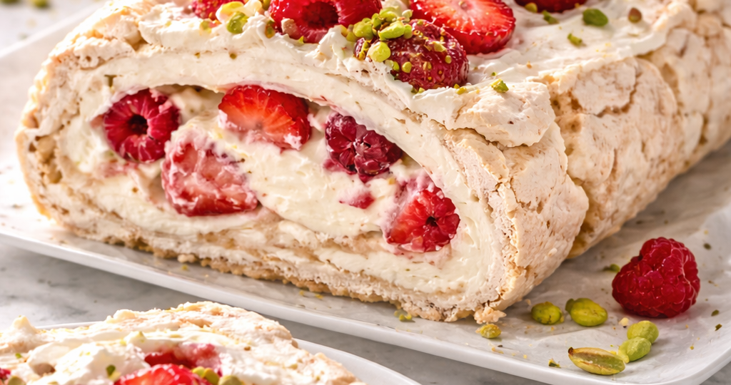 Меренговый рулет с маскарпоне и ягодами — нежный, как облако 💛