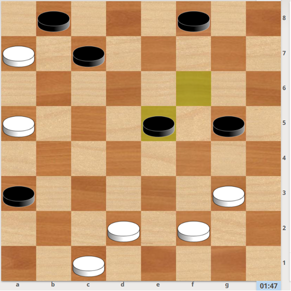 1. g3-h4 g5-f4 2. f2-e3 f8-g7 3. e3xg5 g7-h6 (3…d4 =) 4. g5-f6 e5xg7 5. d2-e3 g7-f6 6. e3-f4 f6-e5 8. f4xd6 c7xe5 8. a5-b6 e5-d4 9. b6-c7 b8xd6 10. a7-b8 d6-c5 11. b8-a7 c5-b4 12. a7xe3 b4-c3 13. e3-f4 c3-b2 14. f4-e5 b2-a1 13. e5-h8 2-0