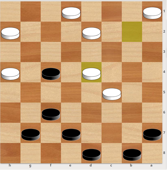 1…bc7 2.de3 (2. a1-b2 g7-h6 3. b2-a3 c7-b6 4. a3-b4 b6-a5 5. d2-c3 d8-c7 6. e1-f2 f4-e3 7. f2-g3 c7-b6 x) 3…cd6 4.cb4 h6 (4…de5 5.hg5x) 5.a5 6...d6! (6…hg5 7.ab2 =) 8. ab2 b6 9.cb4 a7 10.a3 bc5 11. a5 de5x