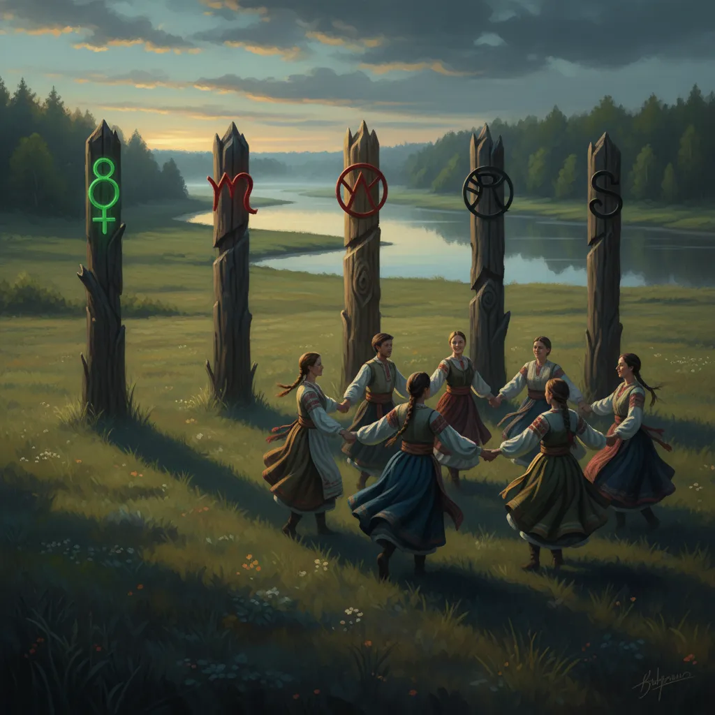 На берегу реки в летний вечер девушки водят хоровод. 