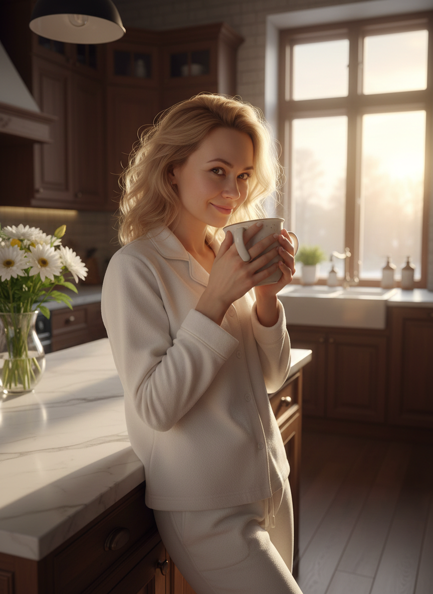 Промпт №1. «Рассвет, кофе и безмятежность — идеальный старт нового дня». 