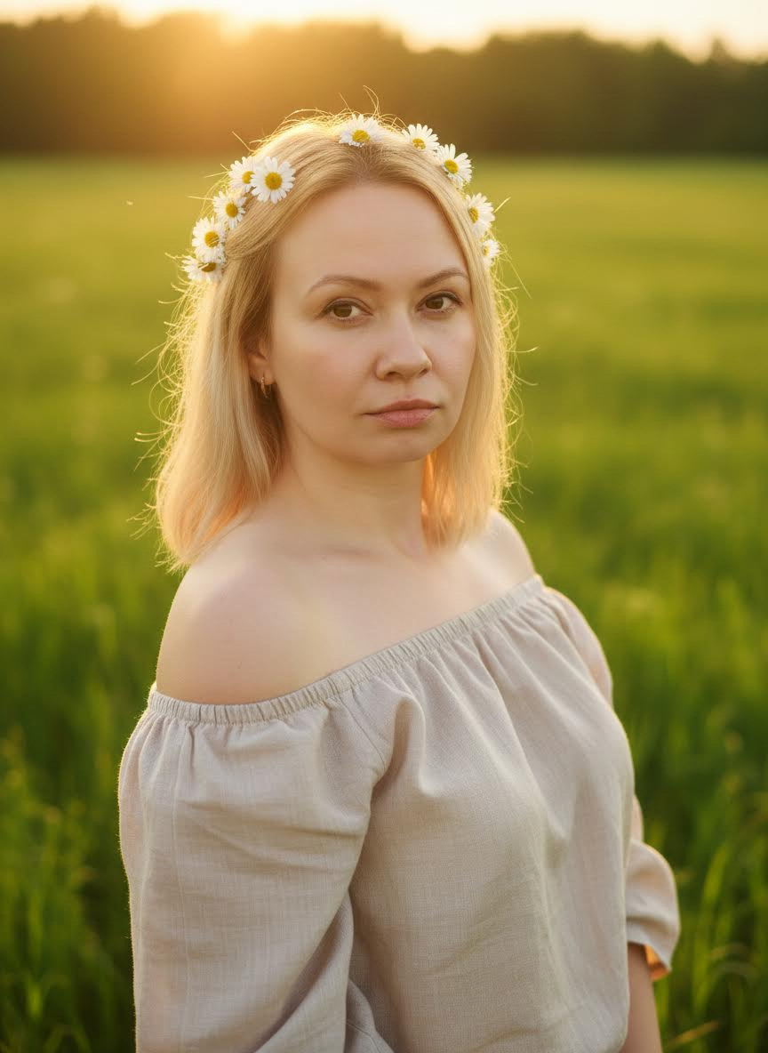 Промпт №2. «Лучи солнца играют в волосах, а вокруг — бескрайнее зелёное поле».