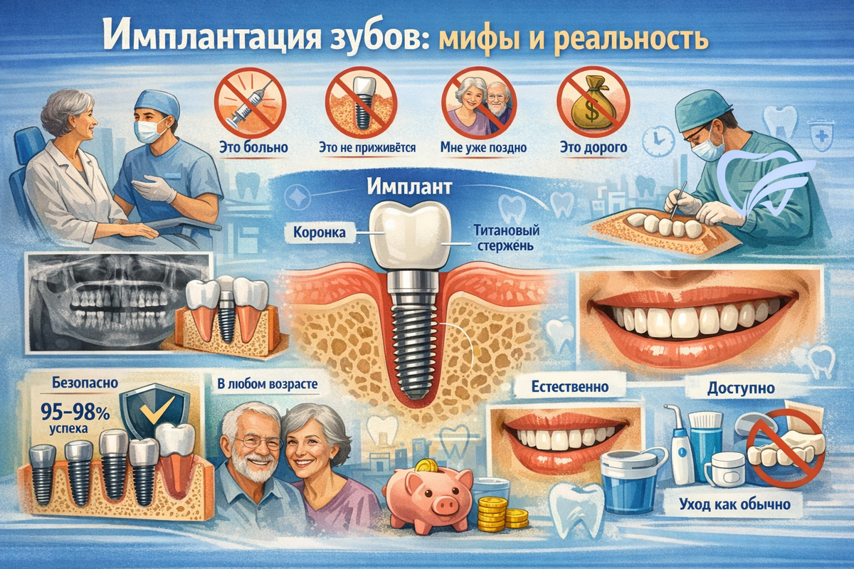 На инфографике изображены мифы и реальность имплантации зубов. Визуально представлены различные этапы процедуры: установка титановым стержнем, наращивание кости, коронка, а также преимущества и советы по уходу. Включены изображения, демонстрирующие процесс и результаты, а также статистика и мифы, опровергнутые наглядно.