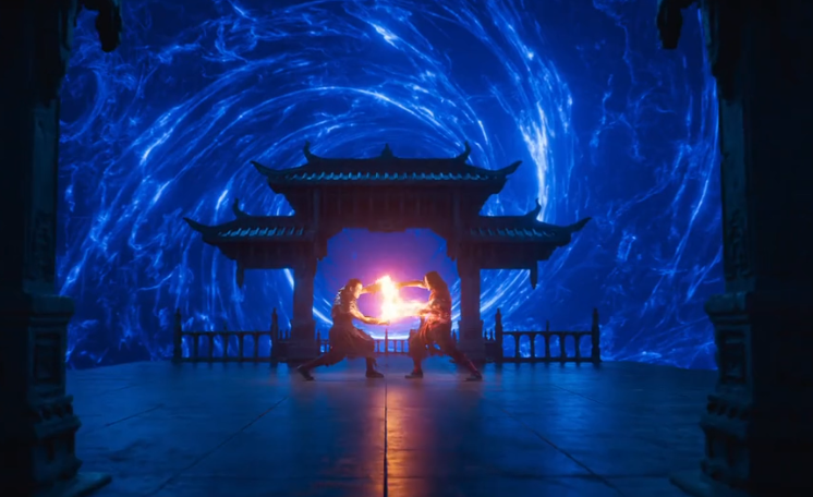 Кадр из трейлера фильма «Мортал Комбат 2» (Mortal Kombat II). Режиссёр: Саймон Маккуойд. В ролях: Карл Урбан (Джонни Кейдж), Льюис Тан (Коул Янг). Производство: New Line Cinema / Warner Bros. Pictures, 2026.