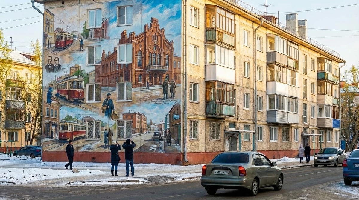 Мурал на фасаде жилого дома с историческим сюжетом