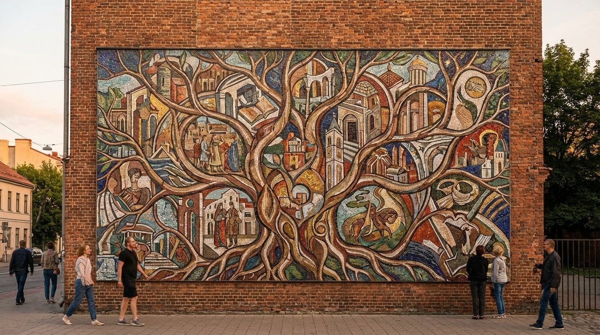 Исторический мурал «Фигура времени» на кирпичном фасаде