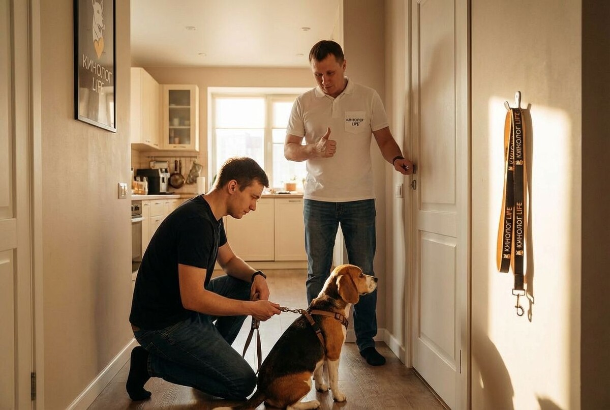 дрессировка собаки — питомец выполняет команду по жесту