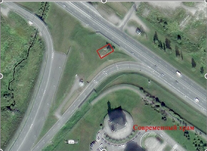 Схема расположения остатков церкви Смоленской Божьей матери (1785 г.) на современной спутниковой топооснове