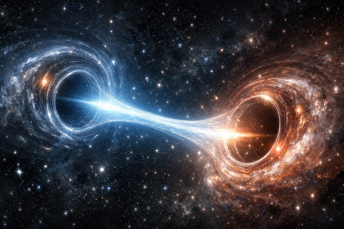 Визуализация кротовой норы в космосе. Два удалённых региона галактики соединены светящимся туннелем. Звёзды искривляются вокруг входов.