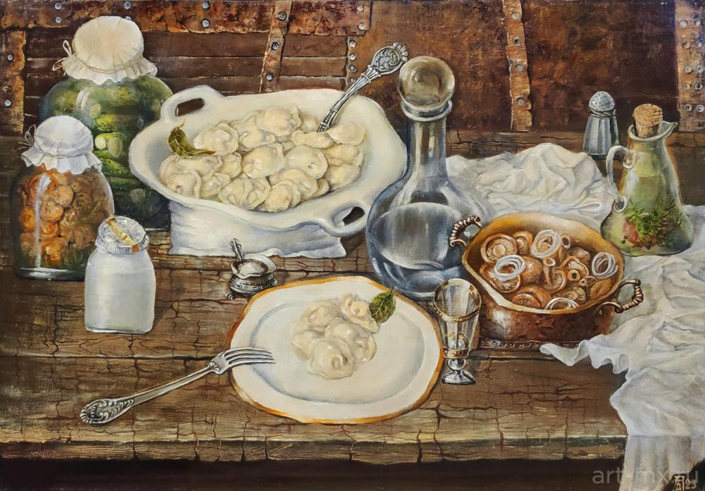 Пельмени и рыжики. Художник Азаров Д. Е. Источник https://art-mx.ru/catalog/picture/37289/