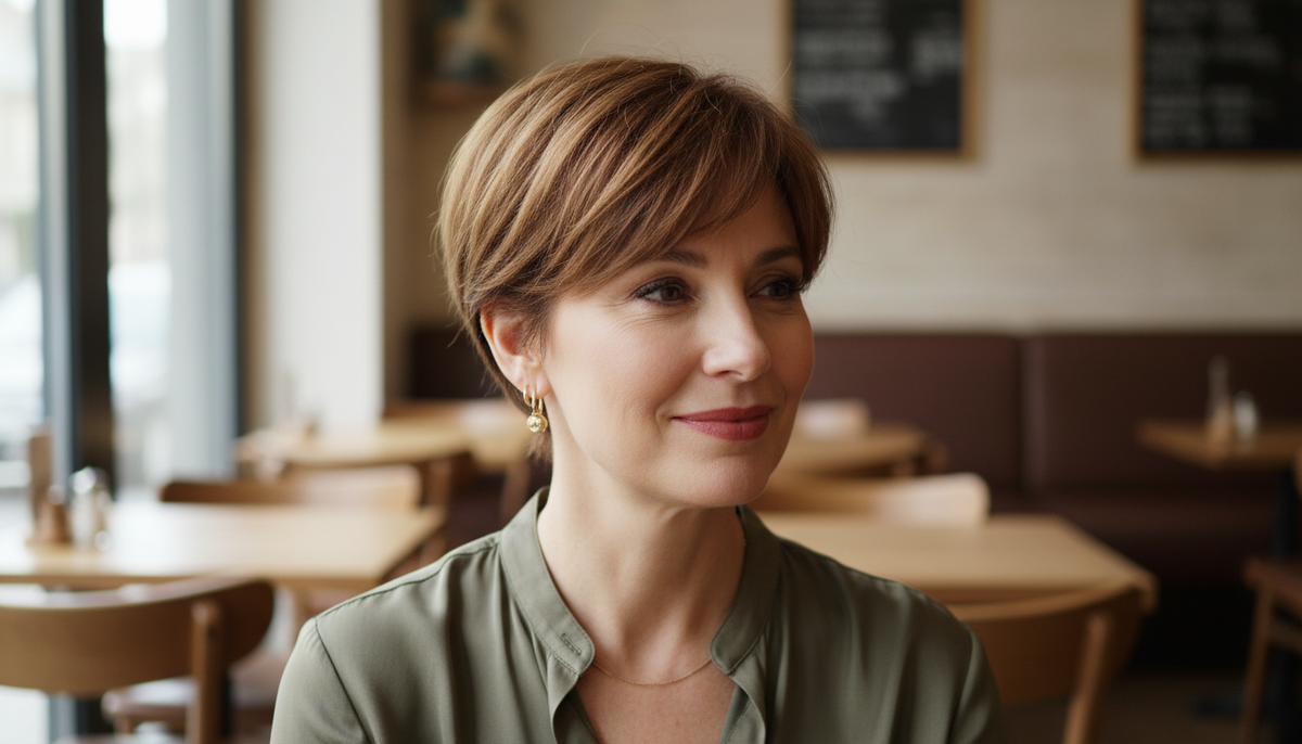 Мягкий пикси с удлинёнными висками и свободной чёлкой: шея открыта, скулы акцентированы, укладка 3-7 минут