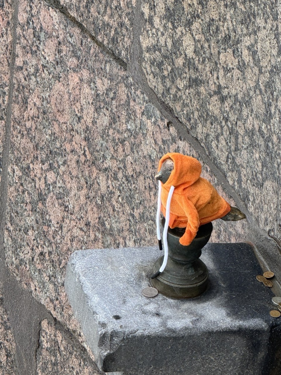 Памятник Чижику-Пыжику на Фонтанке в Санкт- Петербурге (кто- то заботливо приодел) от 01.03.2026