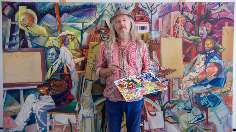     Художник Вольфганг Бельтракки и его работа «Групповая картина синих всадников»  Peter Kneffel / picture alliance via Getty Images