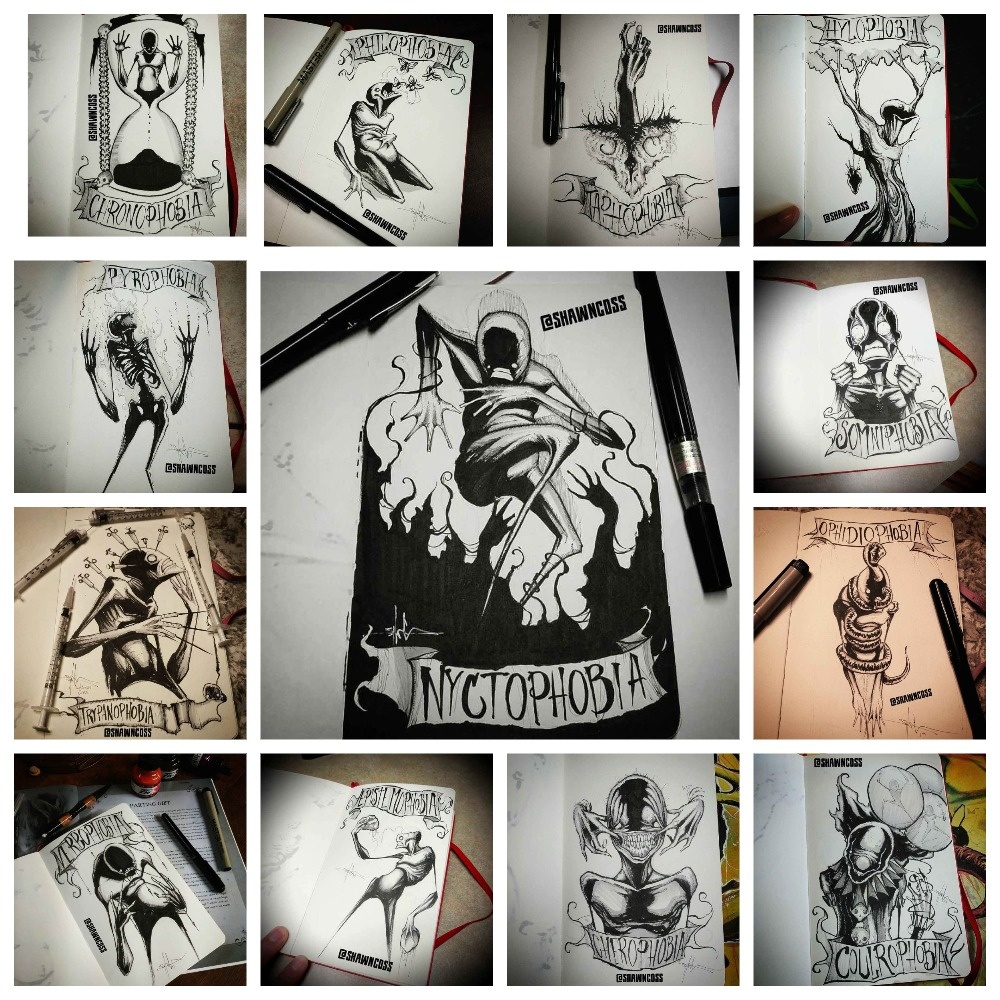 Художник Шон Косс решил обратить внимание общественности на эту проблему и изобразить самые часто встречающиеся страхи в своих мрачных и пугающих рисунках.