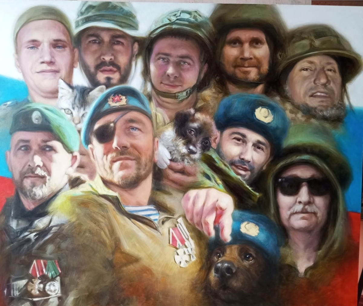 Наталья Тихомирова. «Плечо к плечу, к руке рука. Не трогайте Россию, господа!». Х.М.; 90х120. Сочи. 2025