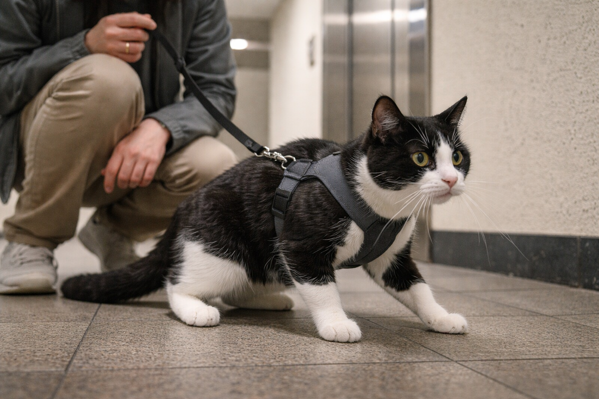 Момент у лифта, когда кошка пятится, важнее посадка за передними лапами.