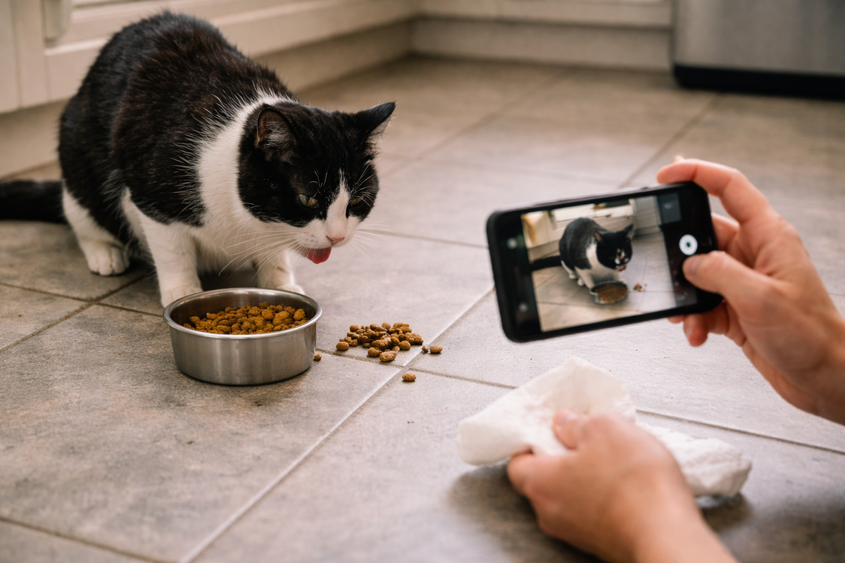 Короткий эпизод почти целых гранул на полу помогает точнее описать ситуацию врачу.