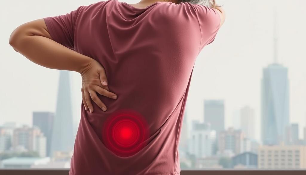    Человек средних лет, испытывающий беспокойство из-за боли в спине, на фоне городского пейзажа.