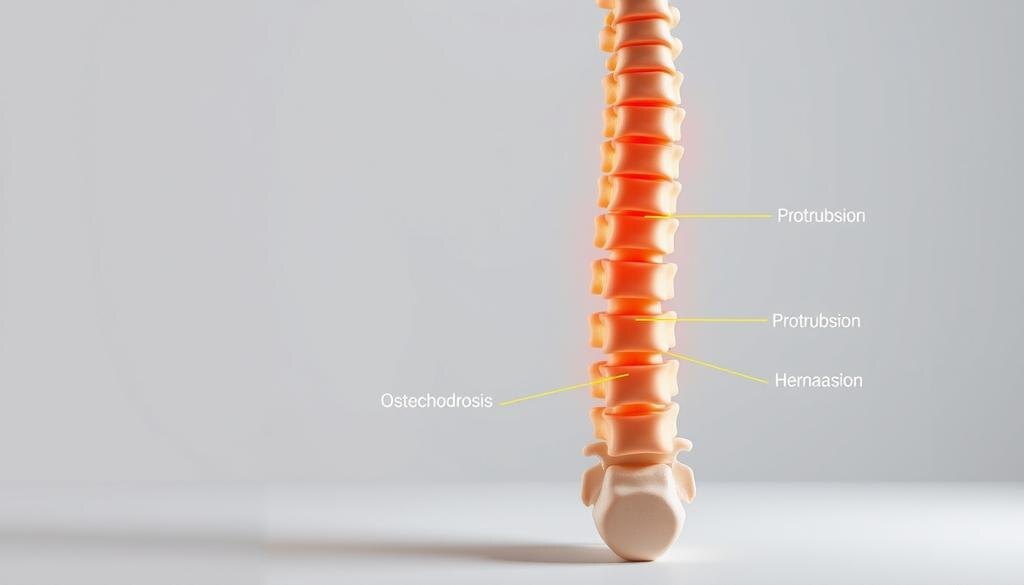    Анатомическое изображение позвоночника с выделенными дегенеративными изменениями.