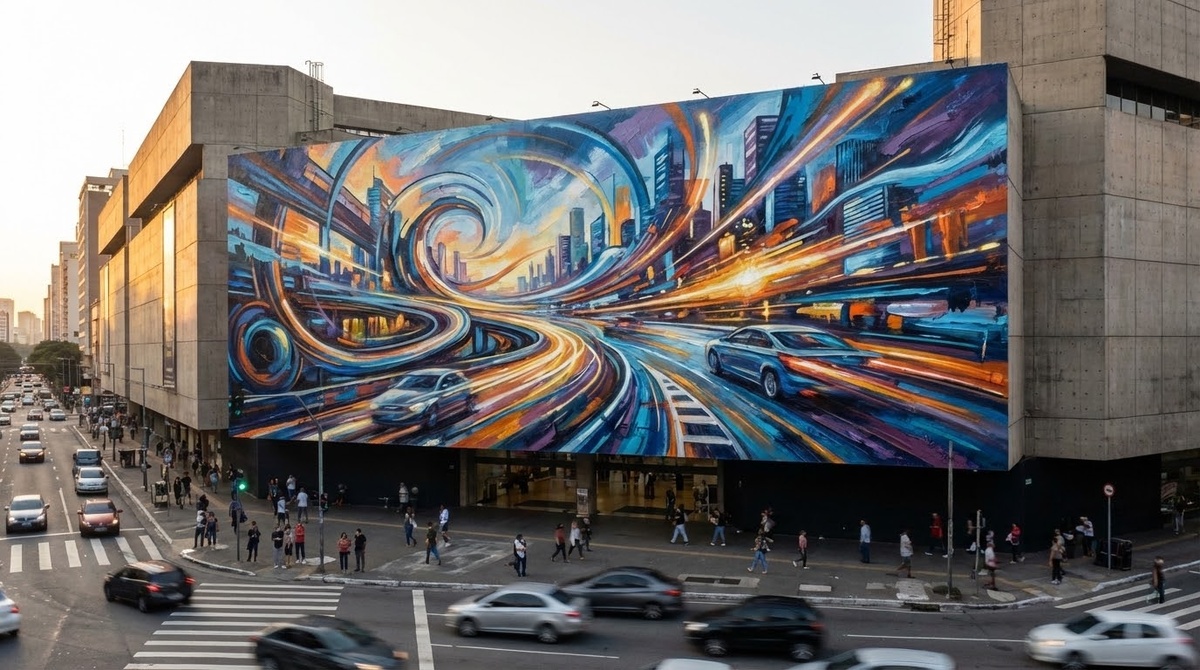 Яркий мурал в стиле стрит-арт на фасаде ТЦ