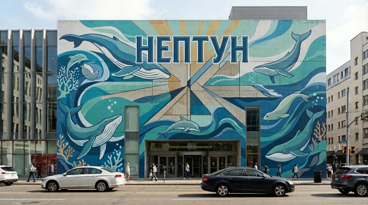 Варинат мурала с китами и морскими мотивами на фасаде ТЦ «Нептун»