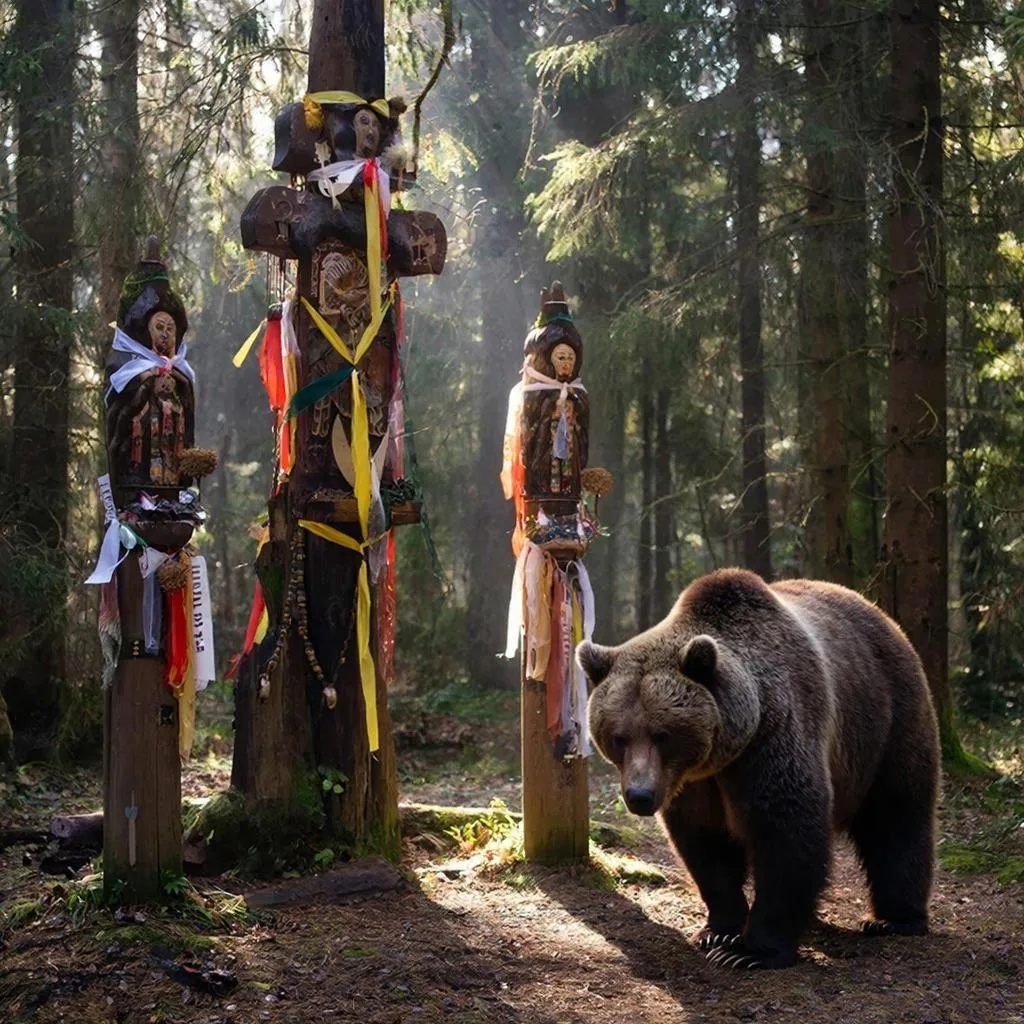 Капище и бурый медведь.  Создано с помощью ИИ. 