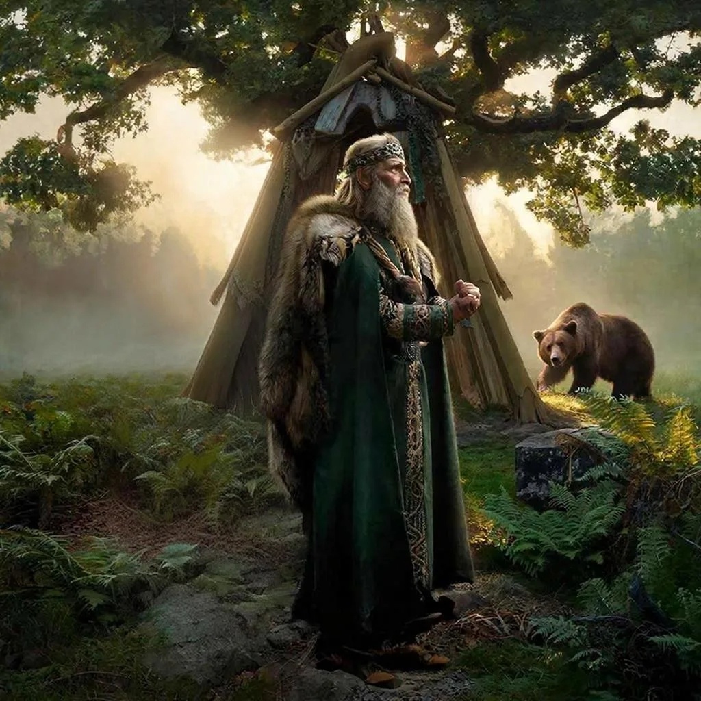 Велес и бурый медведь.  Создано с помощью ИИ. 