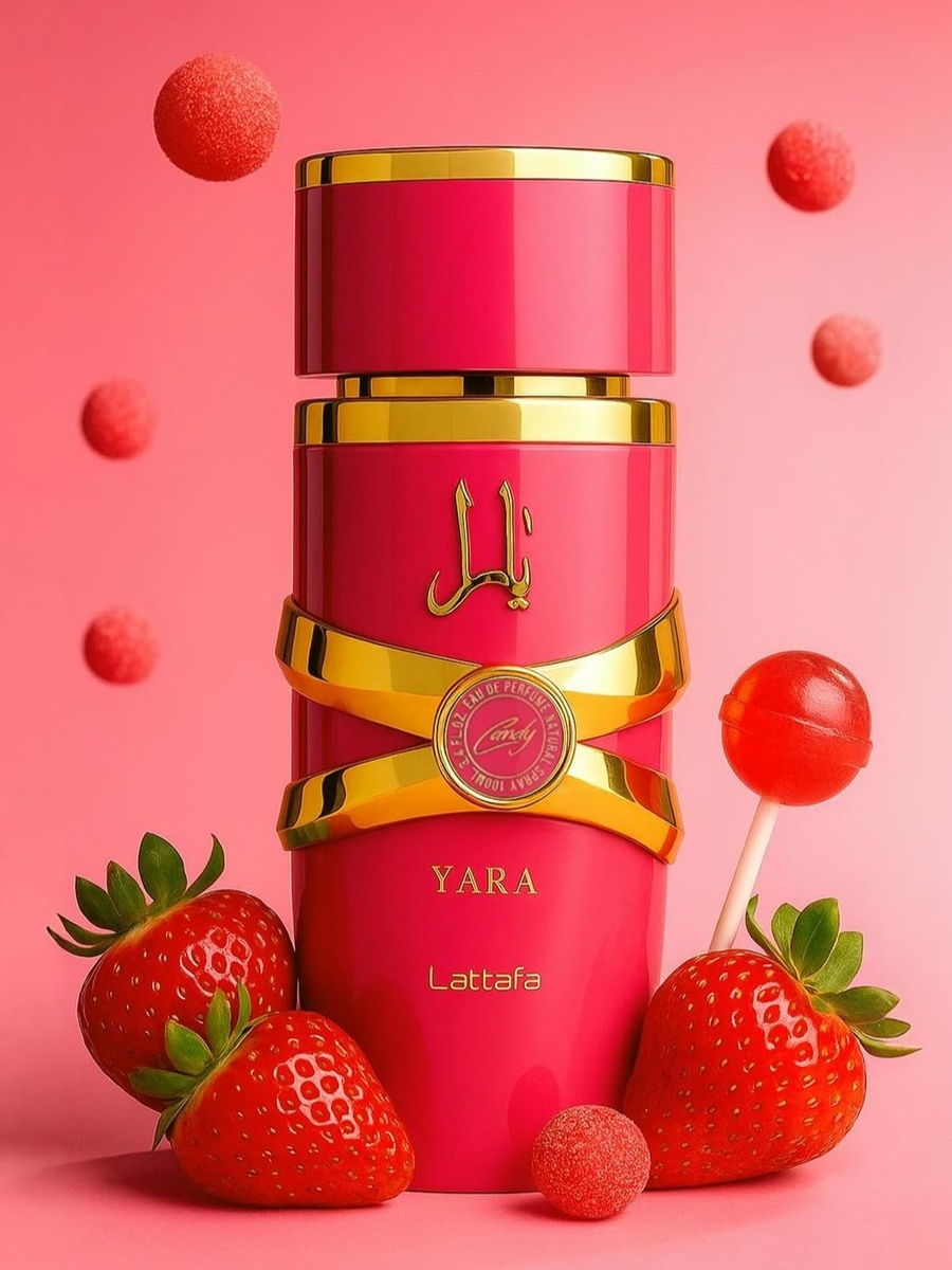 Yara Candy (2024) - сладкий клубничный конфетный аромат от парфюмерного дома Lattafa из Объединенных Арабских Эмиратов. В холодную погоду в аромате более заметна кислинка и ягодные оттенки, тогда как в тепле он раскрывается более сладко и насыщенно. 