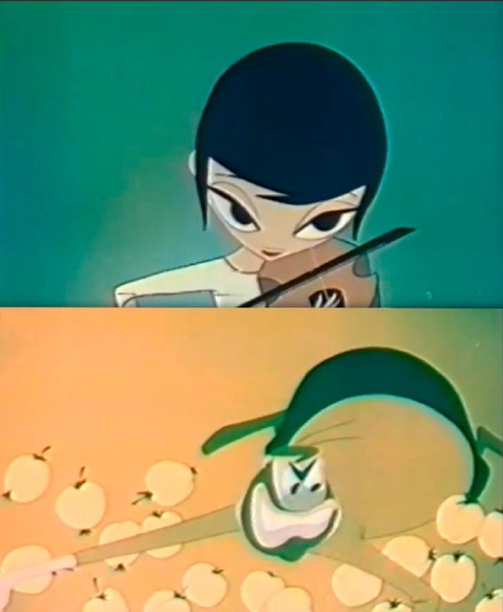 Ребенок играет на скрипке, и природа оживает от чарующих звуков. Растут деревья, цветут цветы, наливаются соком плоды. Но злодей то вырубает деревья, то губит цветы, то крадет яблоки... Созидание и разрушение. Старая как мир тема. Ну а с кем внешне всегда ассоциируется образ злодея на Балканах? С турком. Прямо не прописано, но образ ассоциативен. Это как советский фильм-сказка "Полет в страну Чудовищ", где инопланетный диктатор (Садальский) щеголял черном мундире и нацистской фуражке с высоким передним краем. Игра на ассоциациях хорошо анимирует образ. 