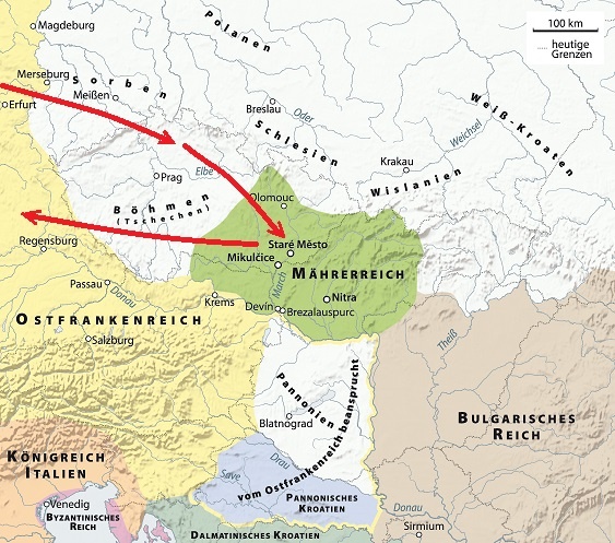 Красными стрелочками отмечен возможный путь похода Людовика Немецкого на Моравское княжество в 846 году.