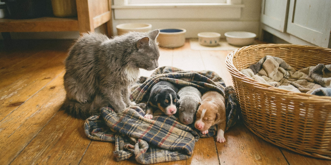 Кошка потеряла котят, щенки потеряли маму. Часть 1