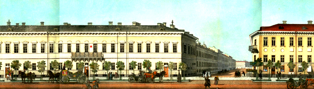 Панорама Невского проспекта. Левая, солнечная сторона Невского проспекта. Фрагмент 12 Малая Садовая
По акварелям В. С. Садовникова. Издание А. М. Прево СПб, 1830, 1835. 