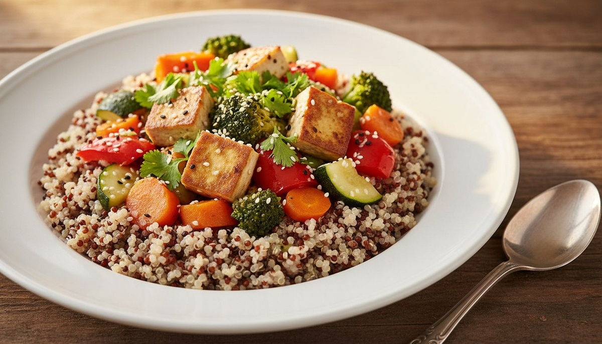 Киноа + тофу + овощи = идеальная белковая тарелка без мяса