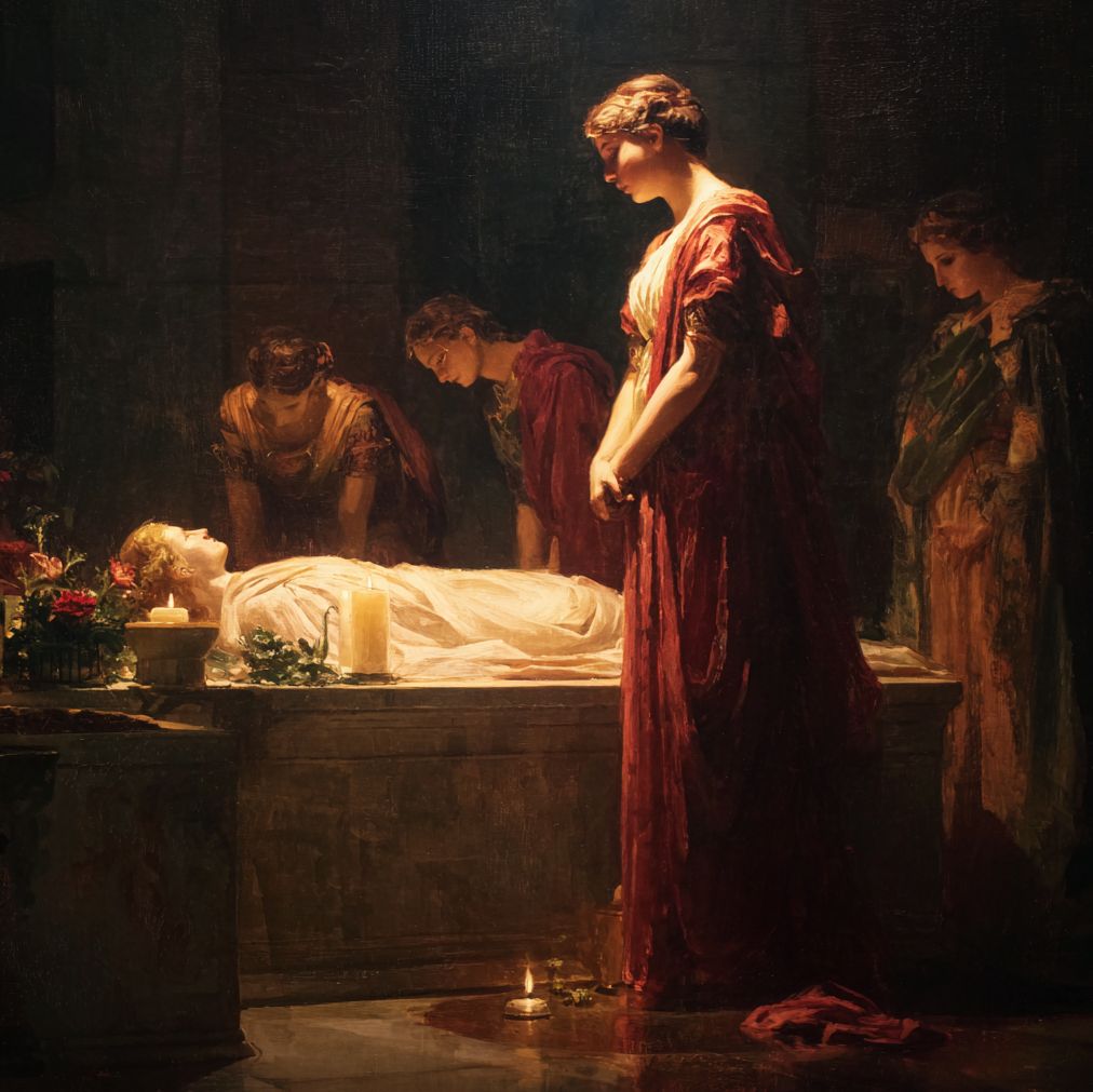 Агриппина у тела мужа. Такую картинку удалось сгенерировать ИИ. Но выглядит она как настоящее произведение искусства.