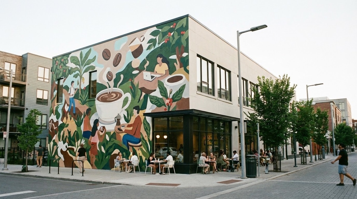 Художественная роспись фасада кафе в современном иллюстративном стиле