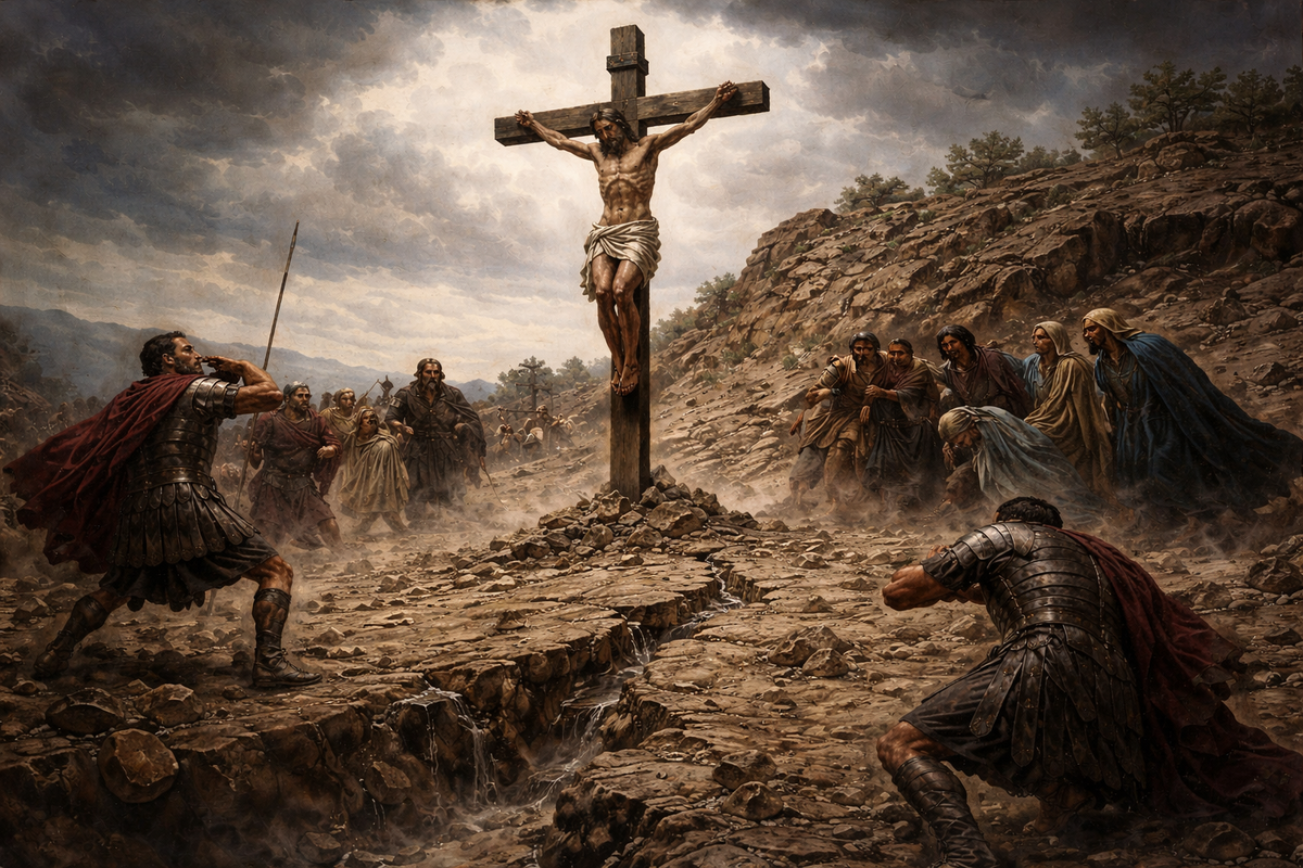 Голгофа I века. Иисус на кресте, римские солдаты и свидетели у подножия. В момент лёгкого землетрясения по каменистой почве проходит трещина, осыпаются мелкие камни, люди теряют равновесие.