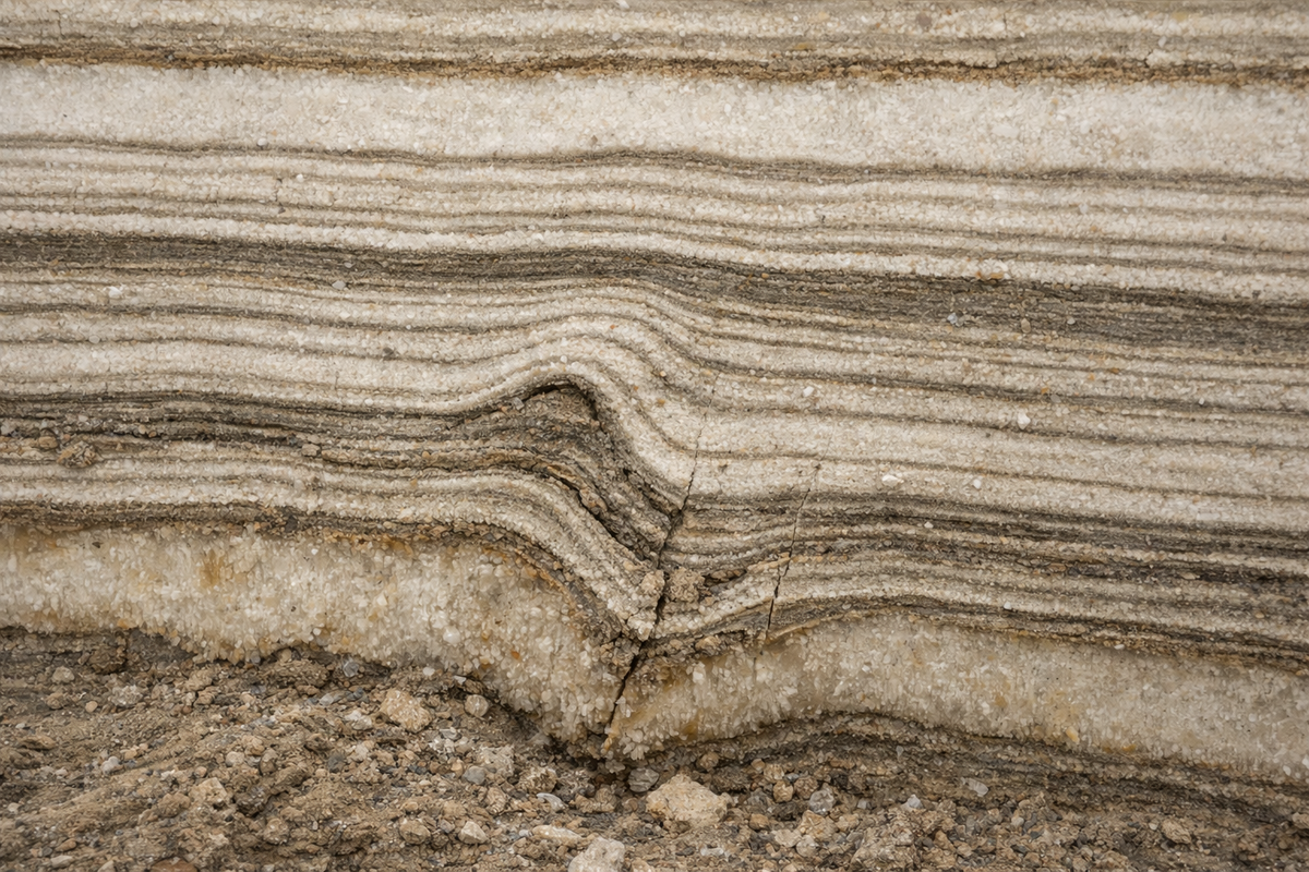 Крупный план донных отложений Мёртвого моря. Чёткие горизонтальные полосы осадков, один слой заметно деформирован и изогнут.