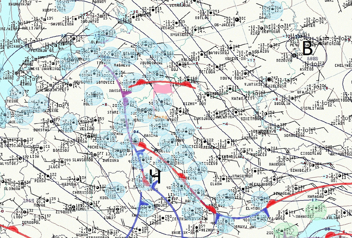Приземный анализ за 12 СГВ 19.02.2026. Выход балканского циклона, вызвавшего рекордный снегопад в Москве