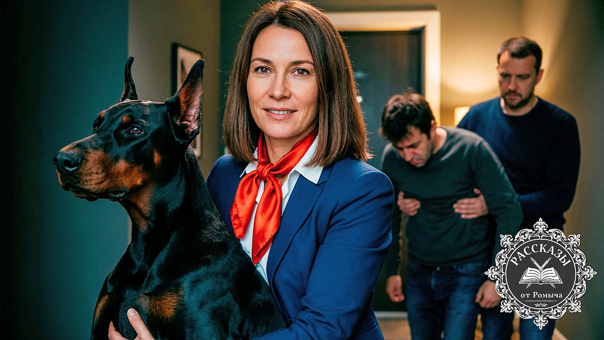 Женщина в синем костюме с красным платком обнимает добермана, пока на заднем плане полиция уводит ее мужа