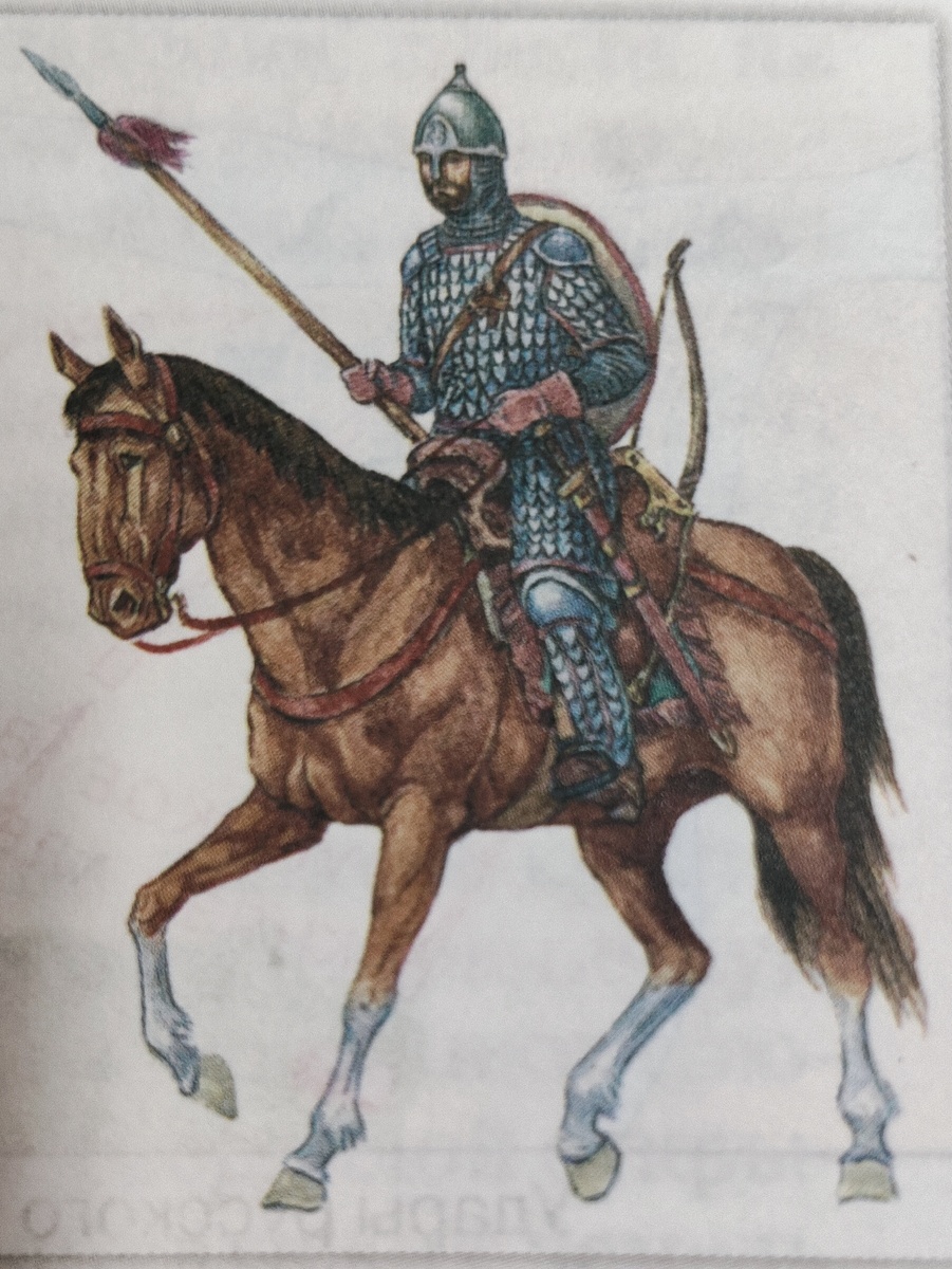 На иллюстрации конный русский воин средневековой Руси времен Александра Невского из учебника истории. 