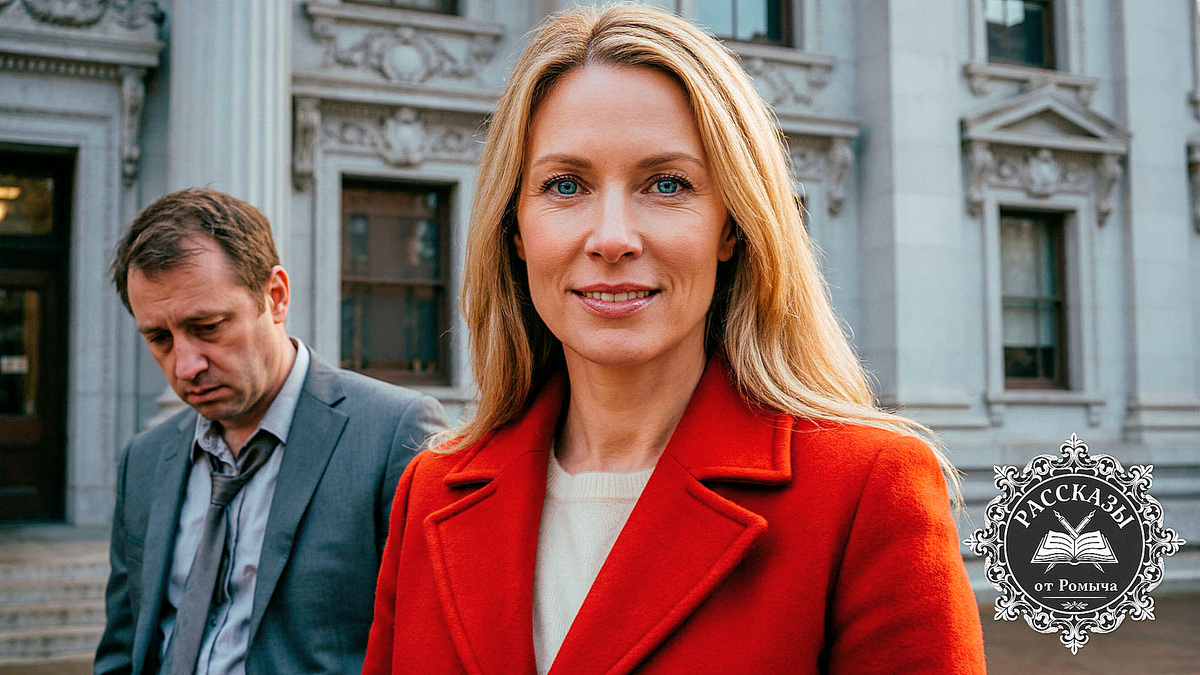 Торжествующая женщина в красном пальто на фоне проигравшего мужа у здания суда