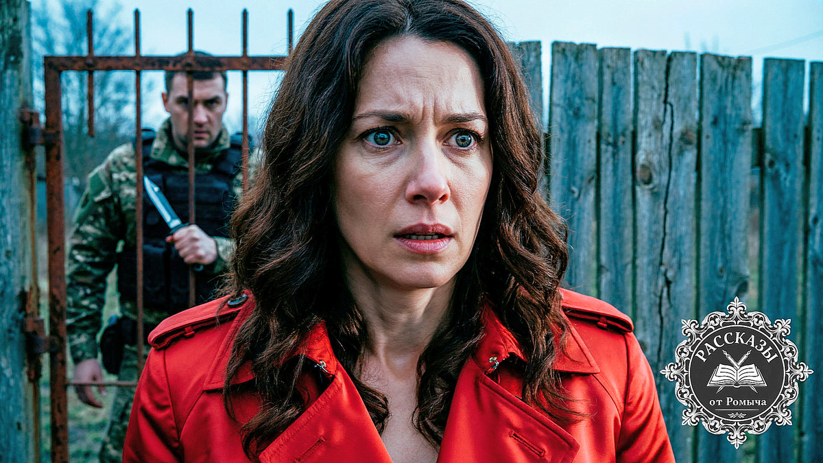 Женщина в красном плаще стоит перед запертыми воротами старого деревенского дома, осознавая свое поражение