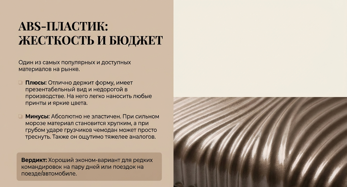 ABS-пластик — бюджетная классика Самый доступный материал. Он жесткий, твердый и часто имеет эффектный глянцевый блеск. Однако ABS — самый тяжелый и хрупкий из трех видов. На морозе или при сильном ударе (что часто случается при погрузке в аэропорту) корпус может треснуть. Это хороший выбор для редких поездок на поезде или в авто.