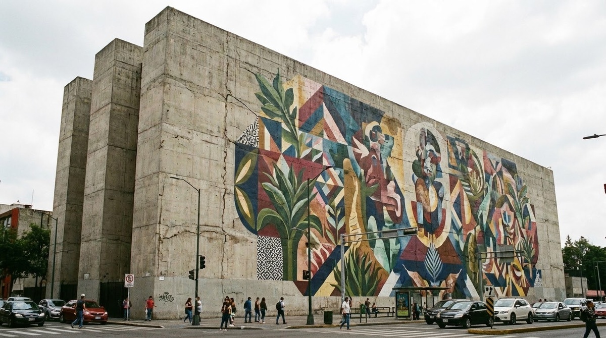 Фасадная роспись в неомодернистском стиле с природными мотивами