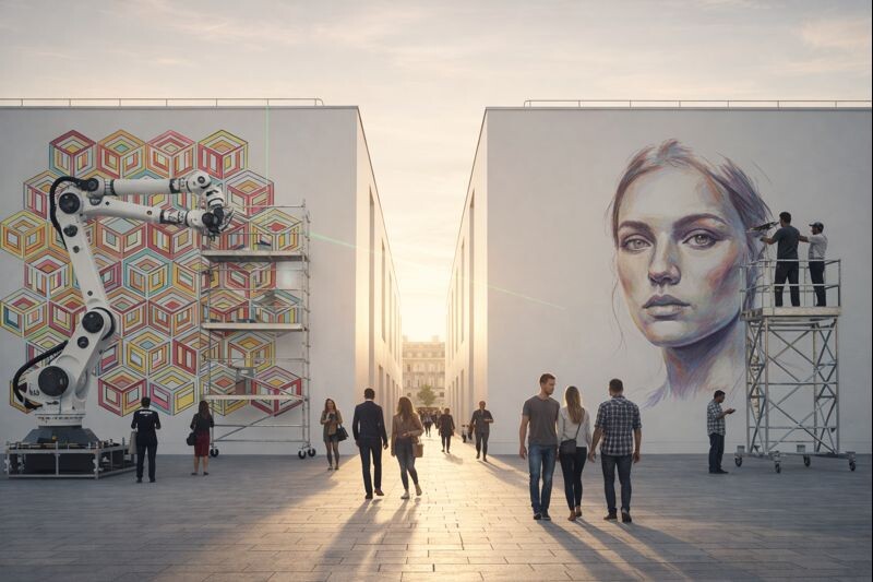 Современная монументальная фасадная роспись в стиле неомодернизма и портретного реализма