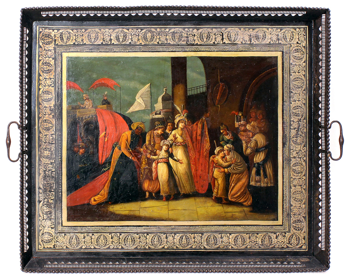 Поднос «Отъезд детей Типпо-Саида и Зенаны». Сидор и Василий Дубасниковы. Мастерская Естифея Осиповича Голованова. Металл, масло, лак. Ручная ковка, просечка, клепка, роспись, трафаретная роспись. Н.Тагил, 1 пол. XIX в.