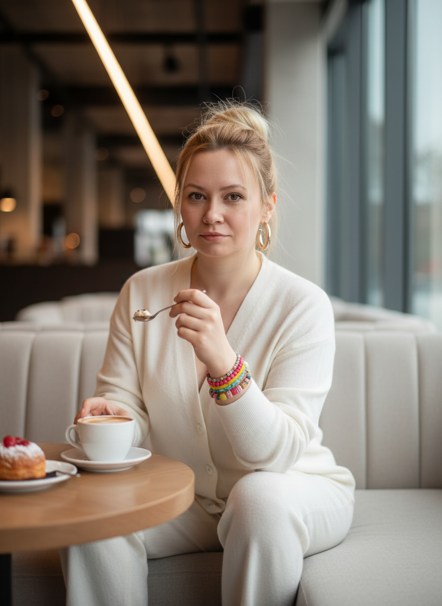 Промпт: Создай ультрареалистичную студийную фотографию 8к, используя загруженное фото как основу. Портрет молодой женщины с волосами, собранными назад в небрежную высокую причёску. Сохранить черты лица и цвет глаз и волос с референса. 
Одежда: белый мягкий кашемировый костюм, серьги в стиле 90-х в ушах, браслеты яркие на руках.
Девушка сидит за столиком на мягком диване. На столике кружка кофе и пироженое. В руке она держит чайную ложечку.
Съемка происходит в современном кафе, других людей нет.
естественная цветокоррекция, фотореализм 100%, ощущение дорогой рекламной съемки