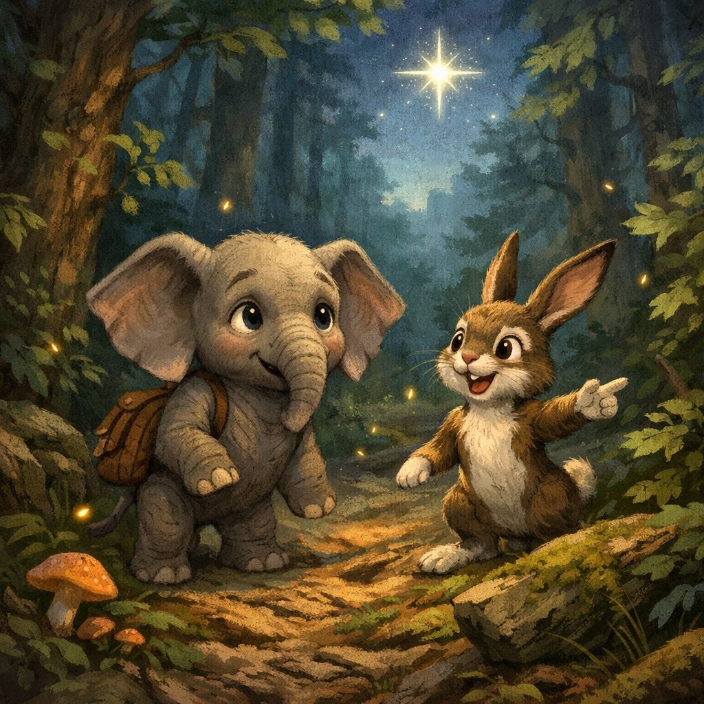 Слоненок Топа и его новый друг, быстрый заяц Прыг, преодолевают лес. Урок храбрости и сотрудничества в сказке 'Слоненок и звездная карта'.